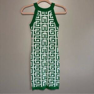 Sleeveless Green & White Geometric Knit Dress